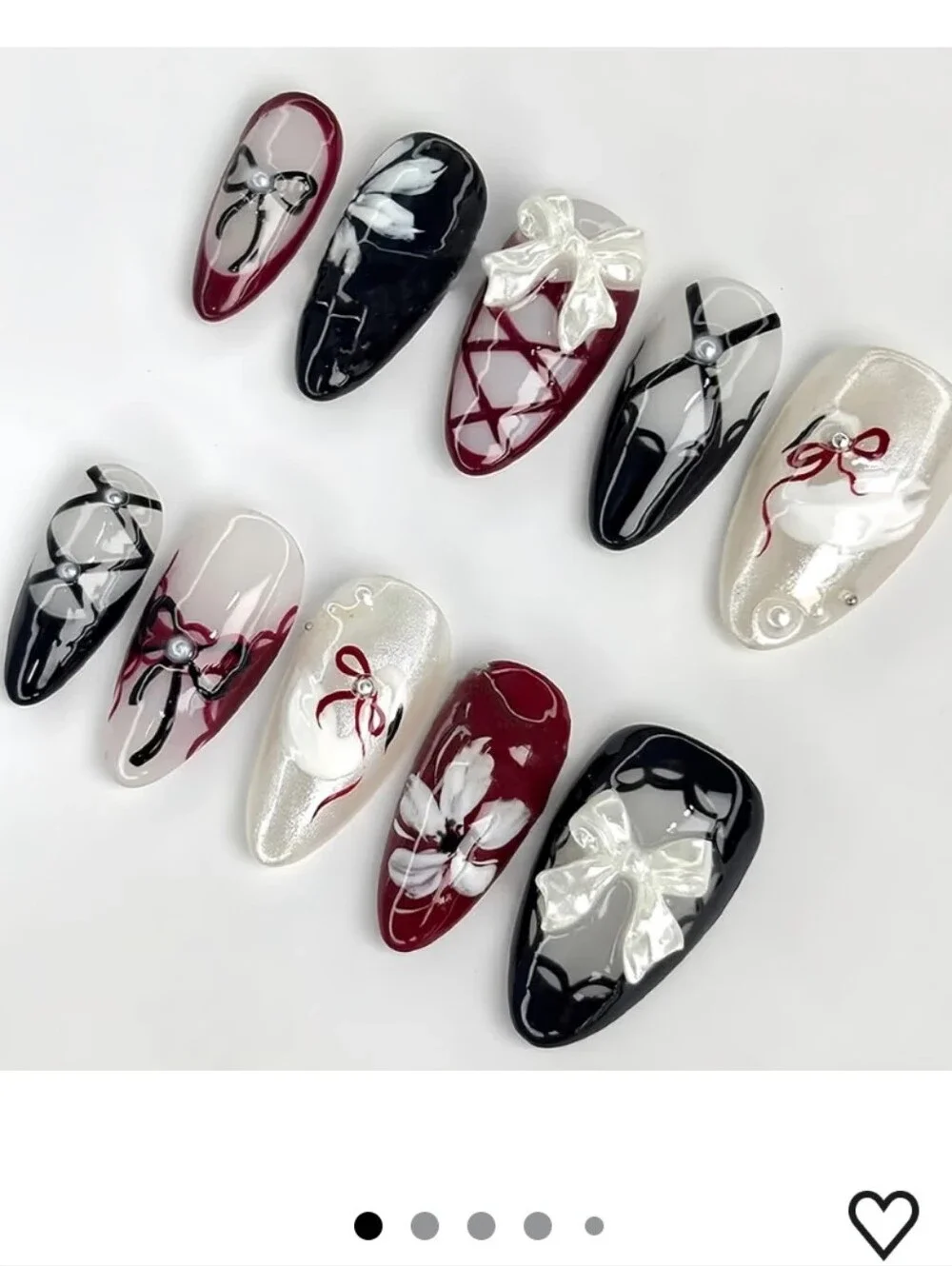 30pcs Y2k Bow Handmade Black Red Press on Nails Medium Almond